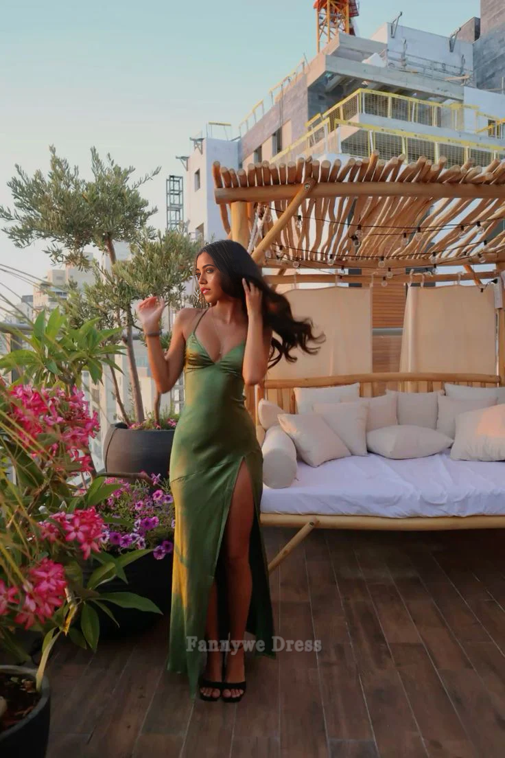 Sheath V Neck Spaghetti Straps Satin Green Long formal dresses Bridesmaid Dresses evening gown Prom Dress